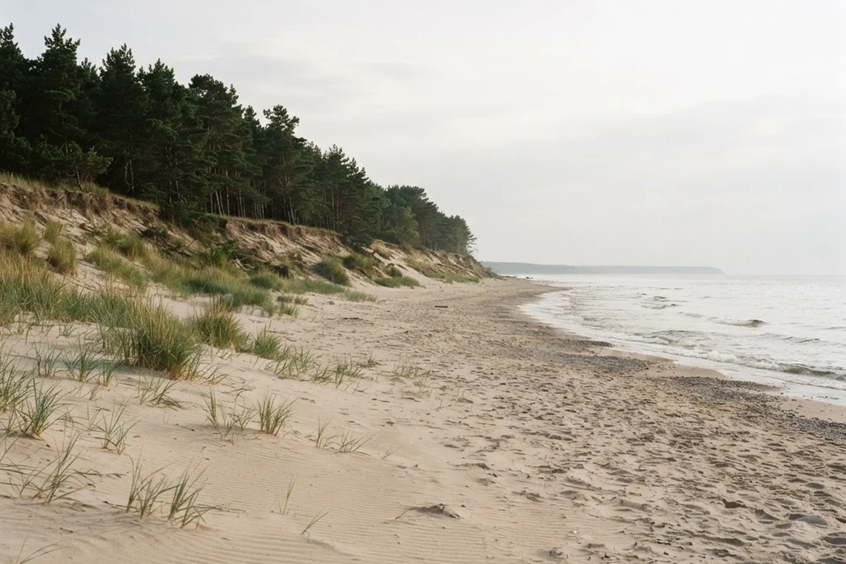 Breiter Ostseestrand mit Kiefernwald an der Duenenkante