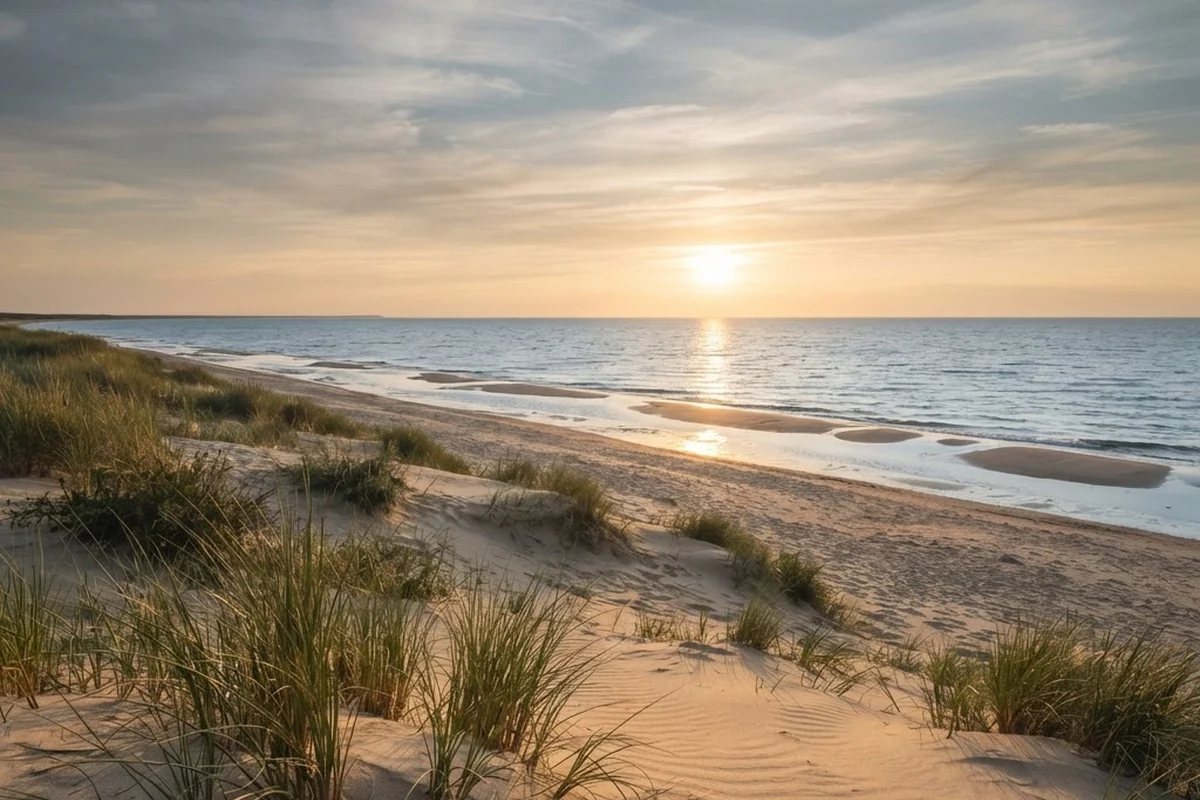 Weiter Ostseestrand mit Duenen und Strandhafer im Abendlicht